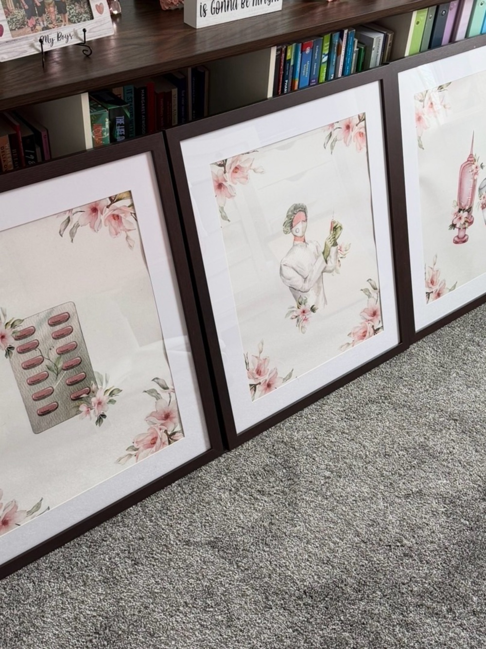 Set of 3 Floral Medical Art Prints in Dark Brown Frames